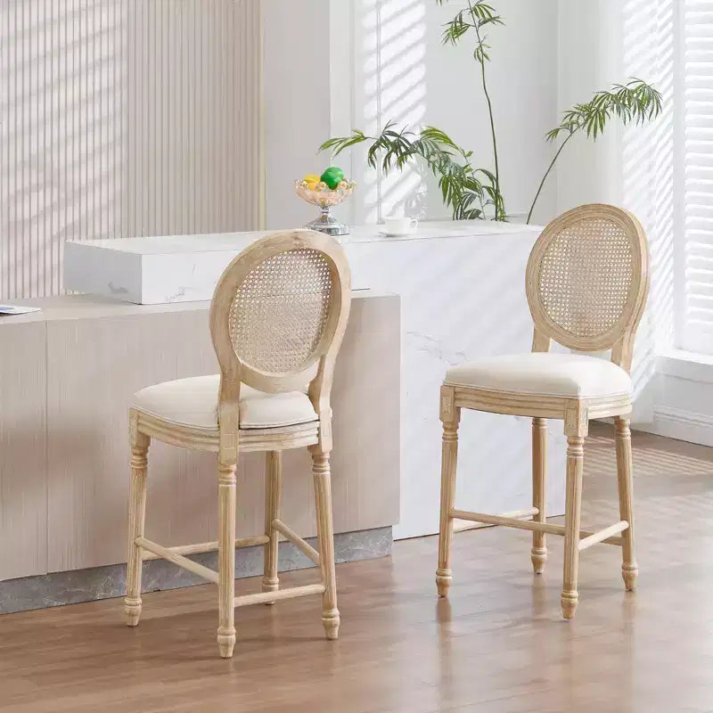 French Country 26 Bar Chairs Set of 2, Upholstered Natural Rattan Round Back, Wire Drawing Carving, Beige