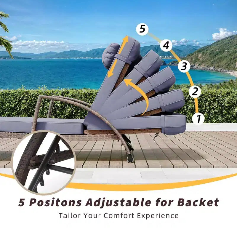 Coolmee Outdoor Chaise Lounge Set of 2 Rattan Patio Folding Chaise Lounge Adjustable 5 Position Back Patio Pool Lounge Chair with Cushion Pillow