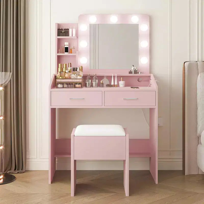 Vanity Desk with Mirror and Lights, Makeup Vanity with Power Outlet & Cushioned Stool, 3 Lighting Modes Adjustable Brightness, Dressing Table