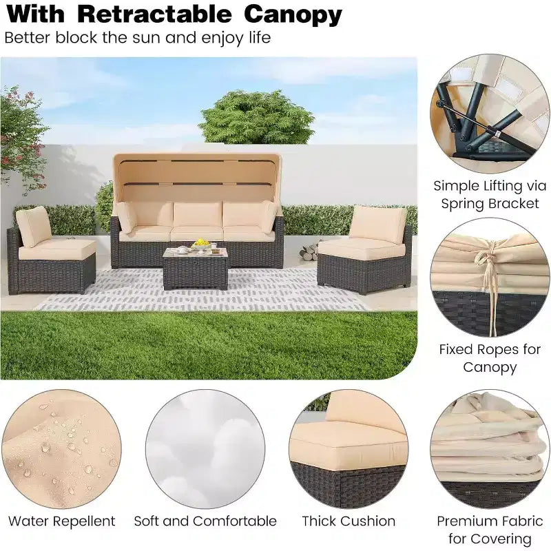 GustoWave 6 Pieces Patio Furniture Set,Wicker Patio Furniture Sofa with Retractable Canopy,Cushions and Tea Table with Storage,2 Adjustable Backrest