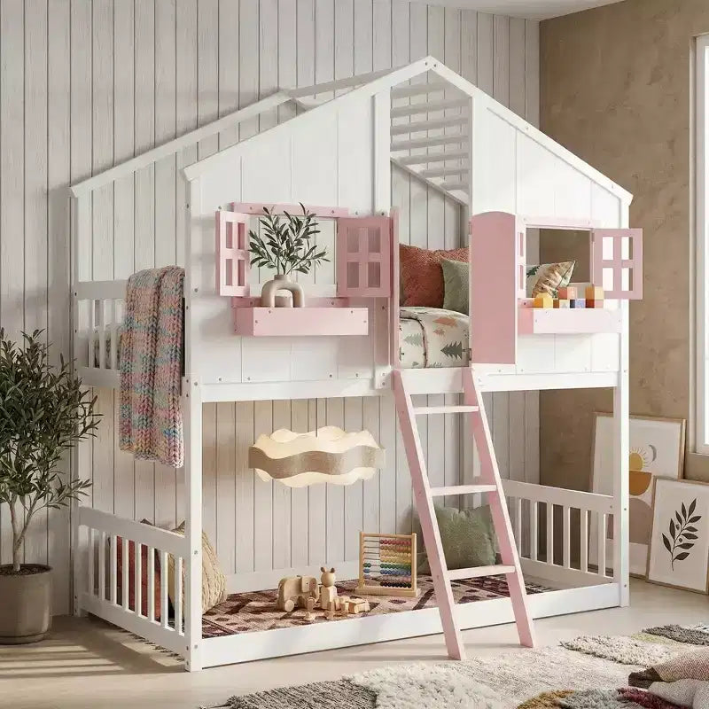 Twin Size House-Shaped Loft Bed, Wood Playhouse Loft Bed with Ladder & Guardrails for Kids