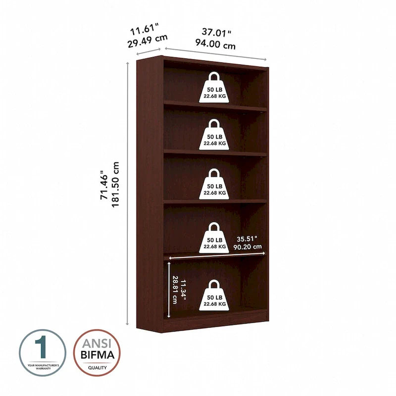 Tall 5-Shelf Bookcase Storage Unit – 72" Adjustable Shelves for Home & Office