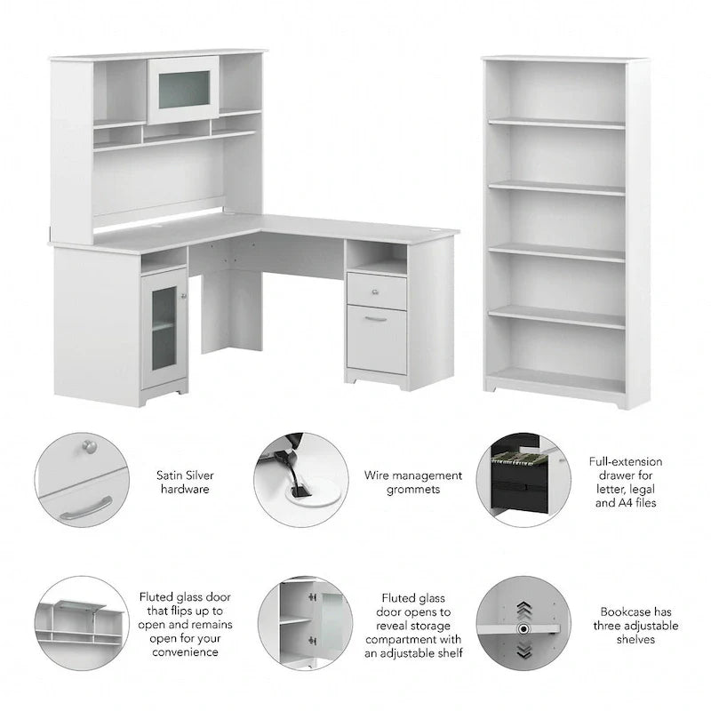 60" L-Shaped Computer Desk with Hutch, 5-Shelf Bookcase & File Drawer, 200 lb Desktop Capacity