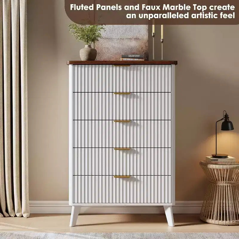 5-Drawer Fluted Dresser, 47.2-Inch Tall Chest of Drawers, Curved Design