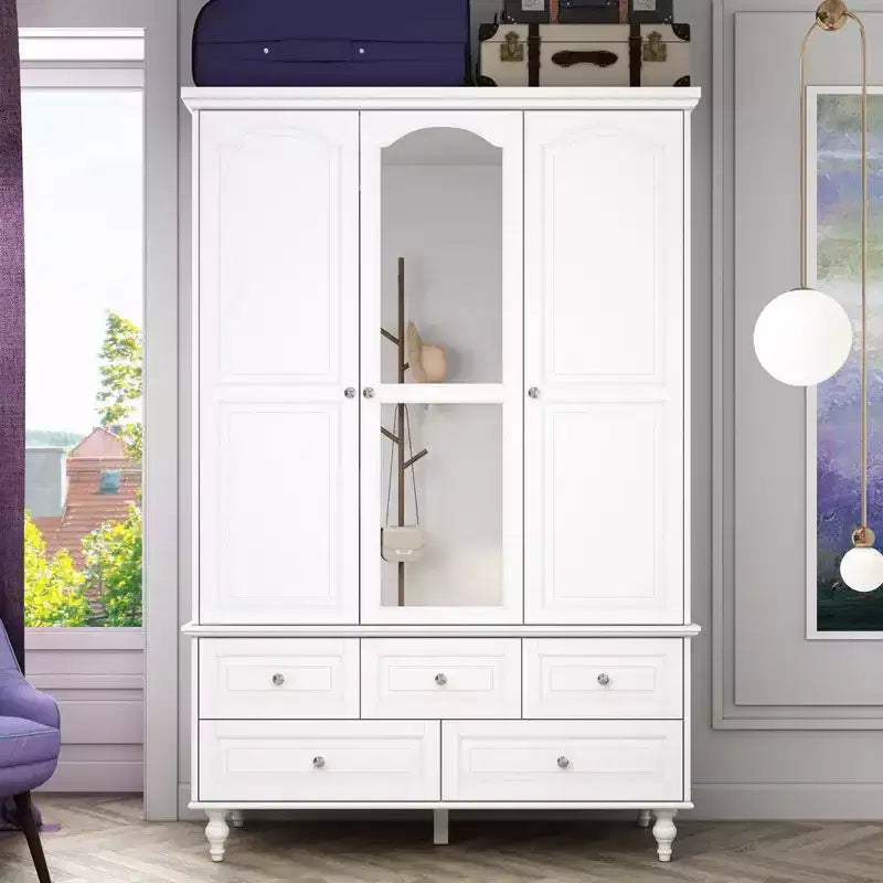 Wardrobe with Mirror 3 Doors 5 Drawers Classic Style