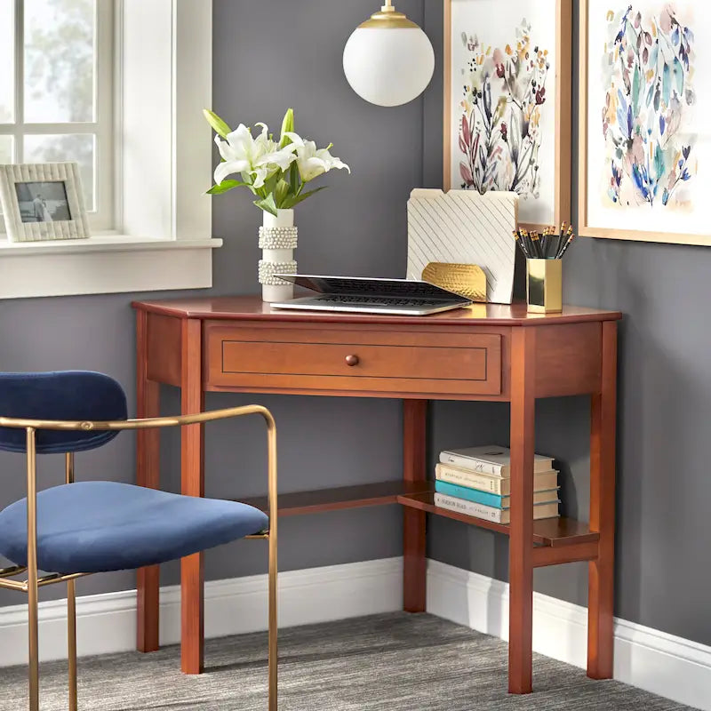 Corner Computer Desk with Drawer & Lower Shelf, Solid Wood & MDF, 42"W x 28"D x 30"H