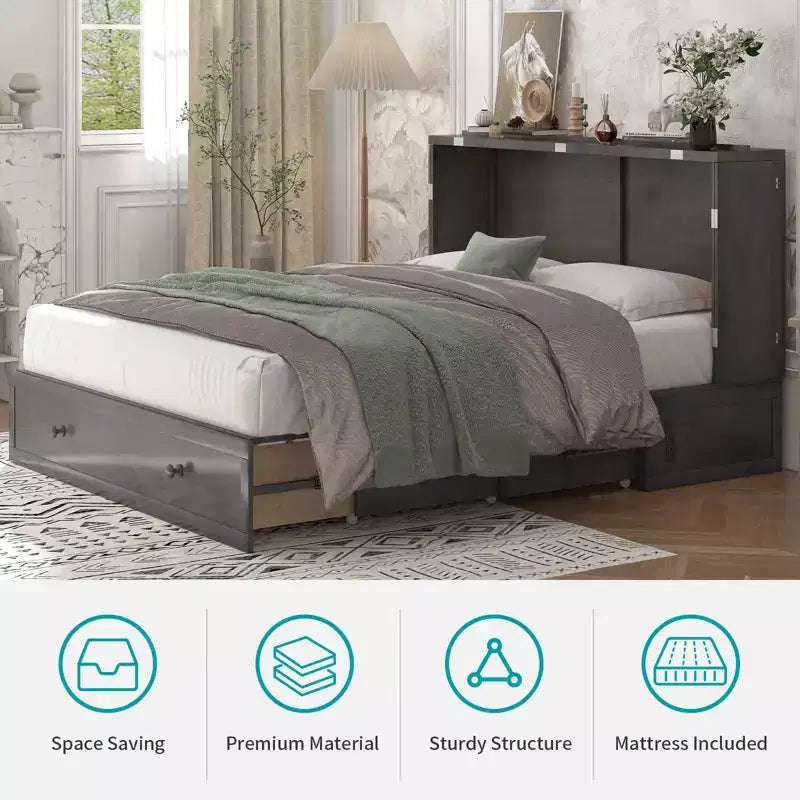 Murphy Bed Cabinet, Modern Murphy Bed Queen with Mattress, Built-in USB Charging Station & Drawers