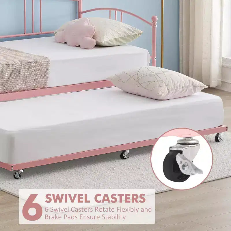 Twin Metal Daybed with Trundle,Twin Size Daybed Frame with Pullout Trundle 6 Casters,Steel Slat Support Guest Sofa Bed for Living,Bedroom,Apartment