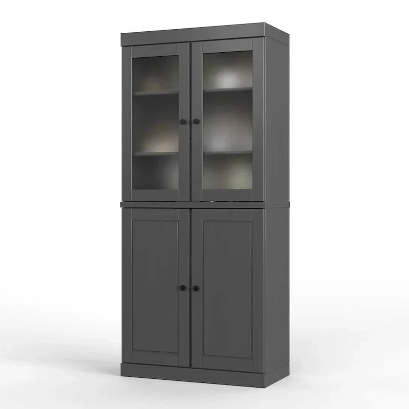 100% Solid Wood Pantry Cabinet with Frosted Glass Doors, Solid Doors, 2-Drawers and Adjustable Shelves