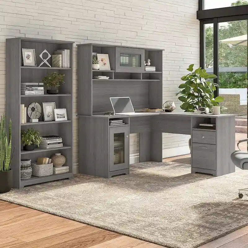 60" L-Shaped Computer Desk with Hutch, 5-Shelf Bookcase & File Drawer, 200 lb Desktop Capacity
