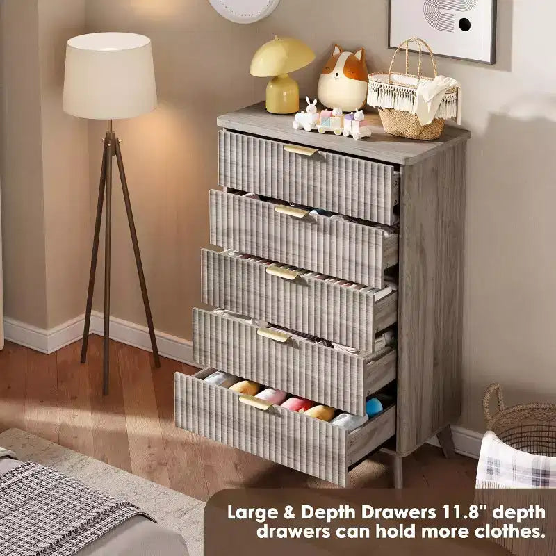 5-Drawer Fluted Dresser, 47.2-Inch Tall Chest of Drawers, Curved Design