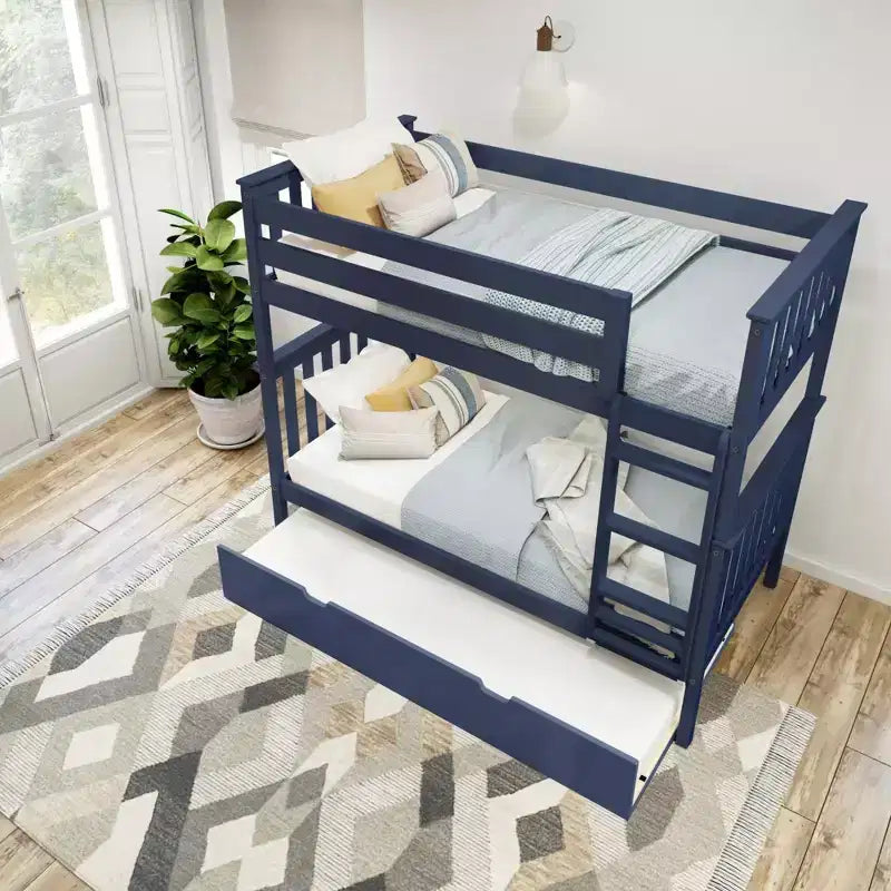 Twin over Twin Bunk Bed with Trundle, Solid Wood, Sleeps 3 – Blue / Espresso / Natural / Pecan / Walnut / White