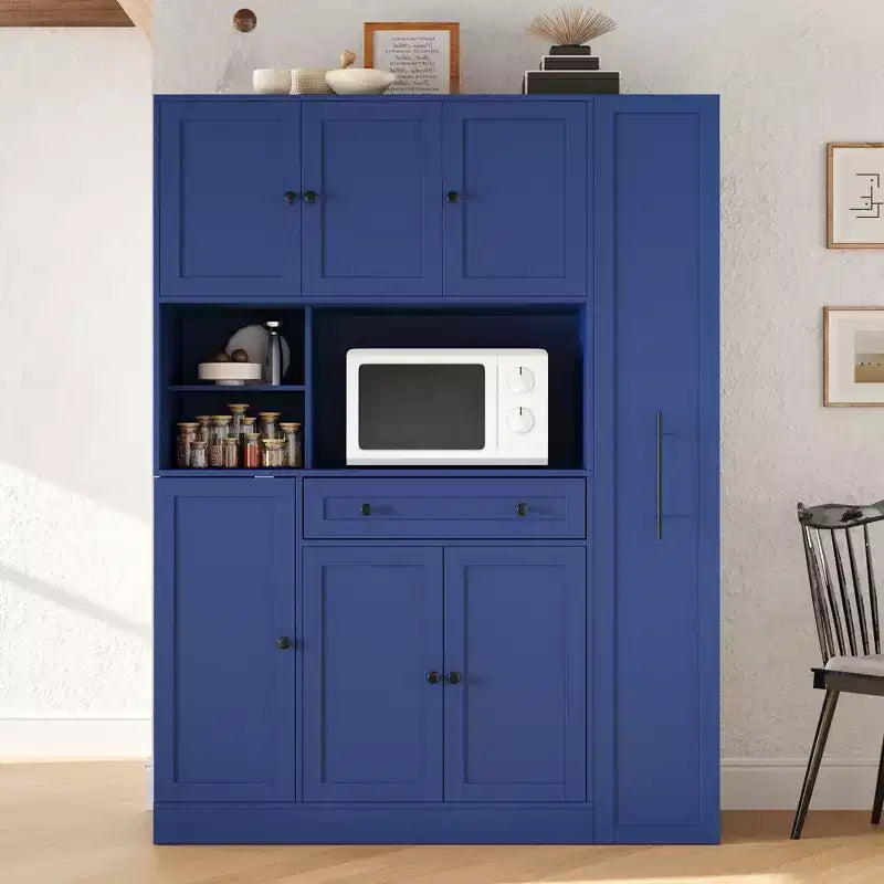 Kitchen Pantry Cabinet with Hutch and Pull-Out Side Cabinet