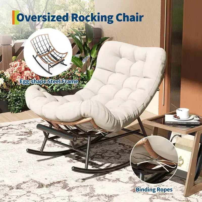 Oversized Rocking Chair with Footrest, Upholstered Lounge Chair with Metal Frame, Patio Reclining Chair for Patio Backyard Bedroom Garden