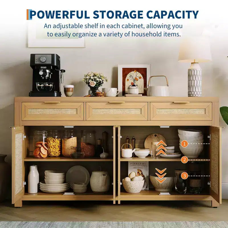 63in Deep Farmhouse Buffet Sideboard Cabinet with Rattan Panels, 3 Drawers, 4 Doors, Adjustable Shelves - Dining Room, Kitchen, Entryway Organizer