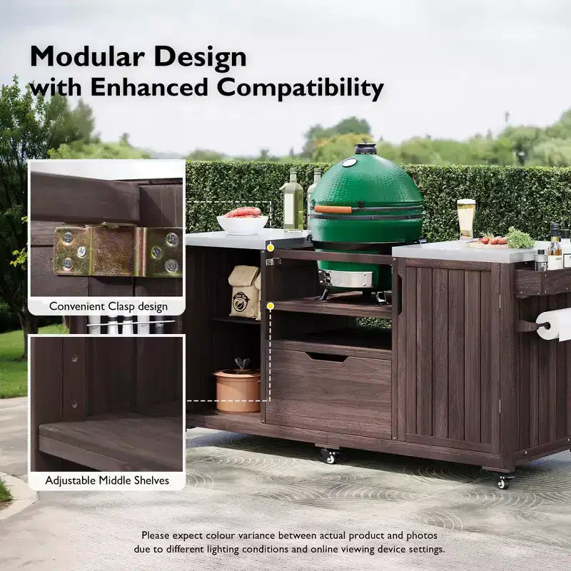 Okak Outdoor Kitchen Island with Steel Top & Rack,Solid Wood Grill Cart for Big Green Egg Grills,Storage Cabinet Dining Table