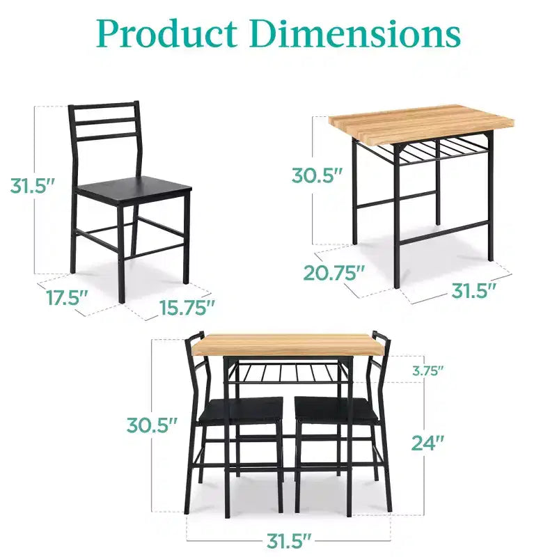 Best Choice Products 3-Piece Modern Dining Set, Square Table & Chairs Set w/ Steel Frame, Built-In Storage Rack