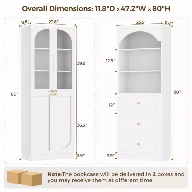 Besiost Combination Pantry cabinet with doors, Set of 2 bookcase with glass doors and shelves