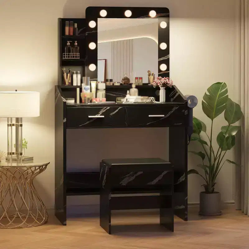 Vanity Desk with Mirror and Lights, Makeup Vanity with Power Outlet & Cushioned Stool, 3 Lighting Modes Adjustable Brightness, Dressing Table