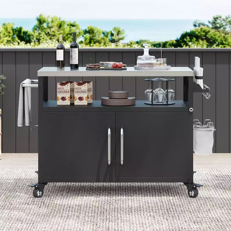 54.5" Outdoor Kitchen Island with Stainless Steel Top, Spice & Towel Rack, Black