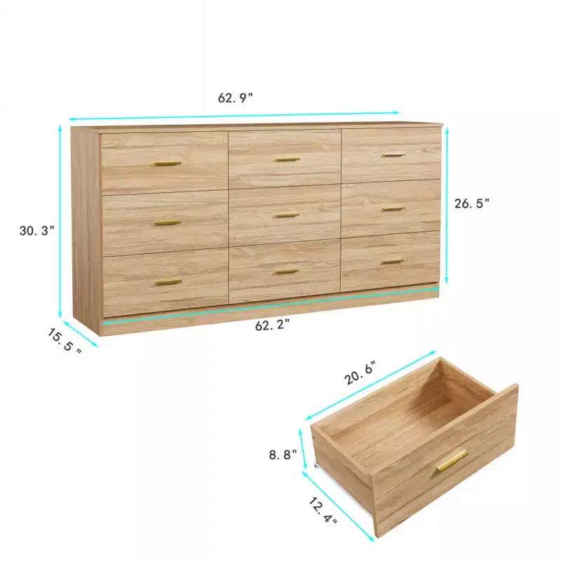 9-Drawer Dresser – Natural Wood Grain, MDF, Single User