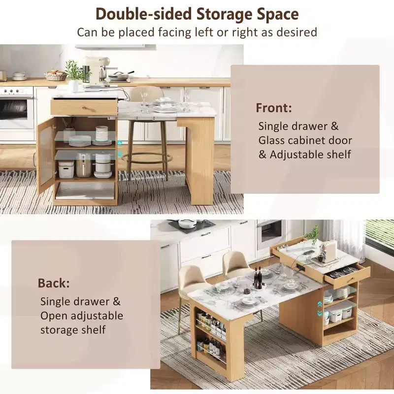 PexFix 59.5 Kitchen Island with Extendable Dining Table Kitchen Storage Table with Double-sided Storage with Power Outlet&Side Open Shelves Natural