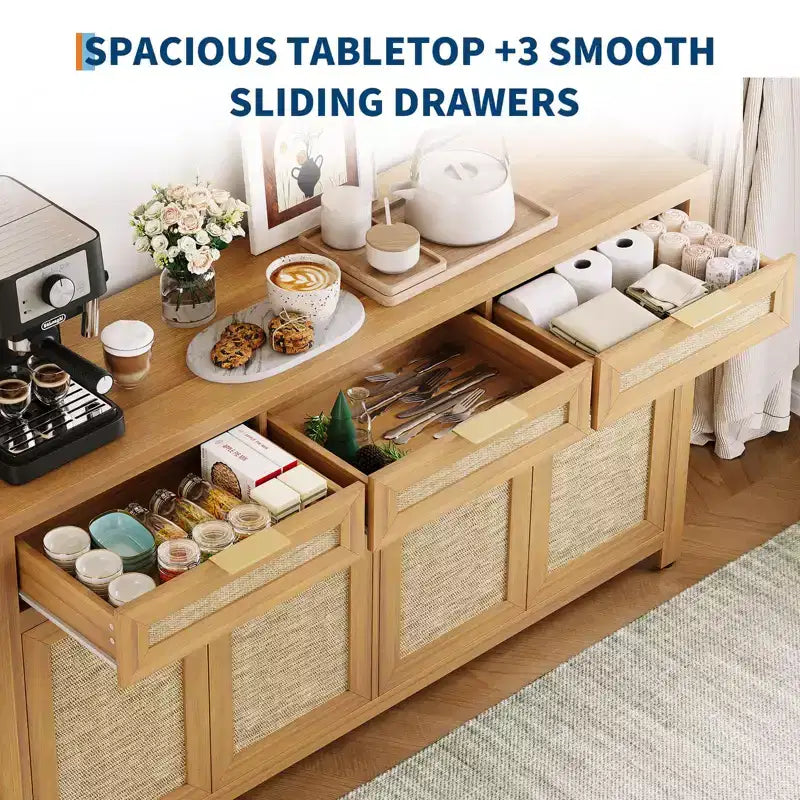 63in Deep Farmhouse Buffet Sideboard Cabinet with Rattan Panels, 3 Drawers, 4 Doors, Adjustable Shelves - Dining Room, Kitchen, Entryway Organizer