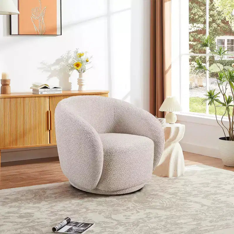 Swivel Accent Chair,Upholstered Modern Round Accent Arm Chairs,360 Swivel Single Sofa Armchair for Living Room and Bedroom,Beige Boucle