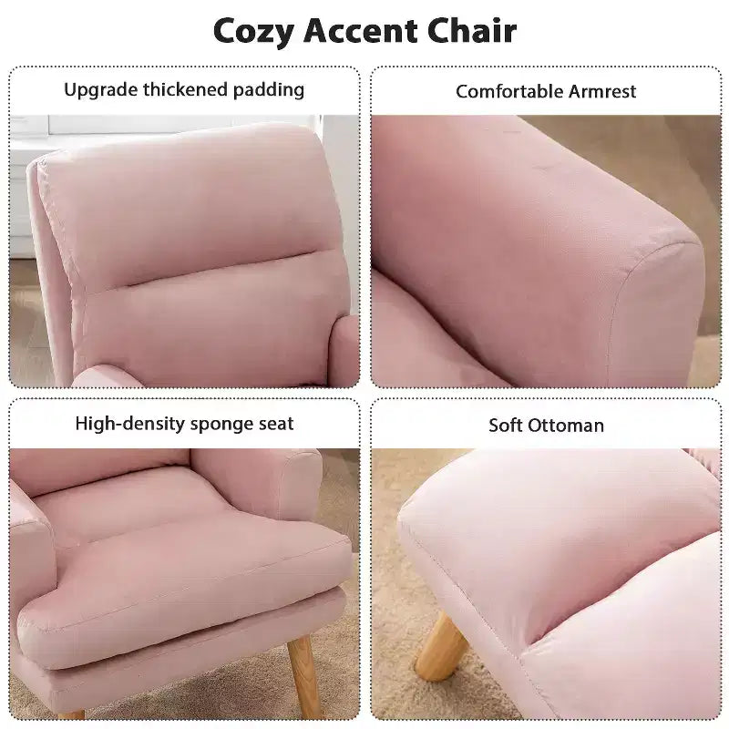 Accent Chair with Ottoman, Velvet Armchair with Adjustable Backrest and Side Pocket