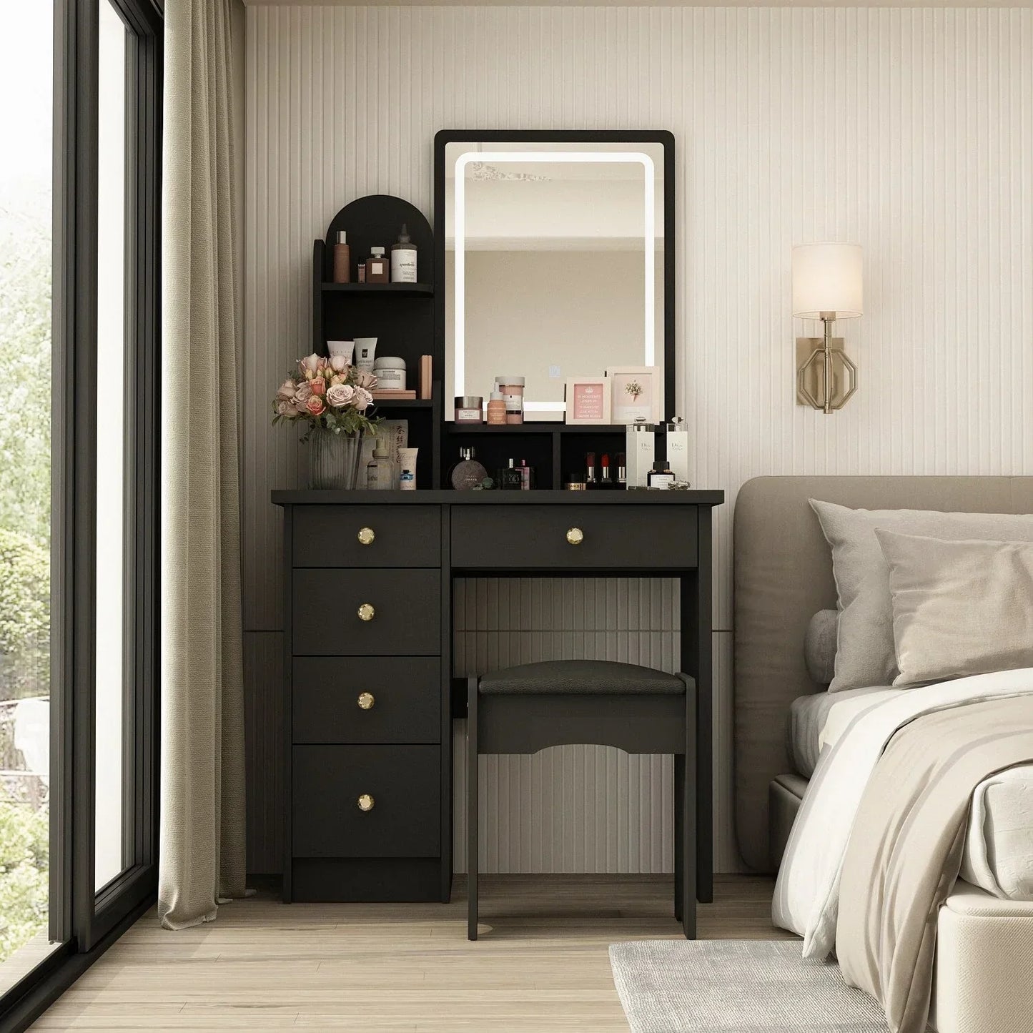 Makeup Vanity Set Table With LED Light &Mirror & Stool