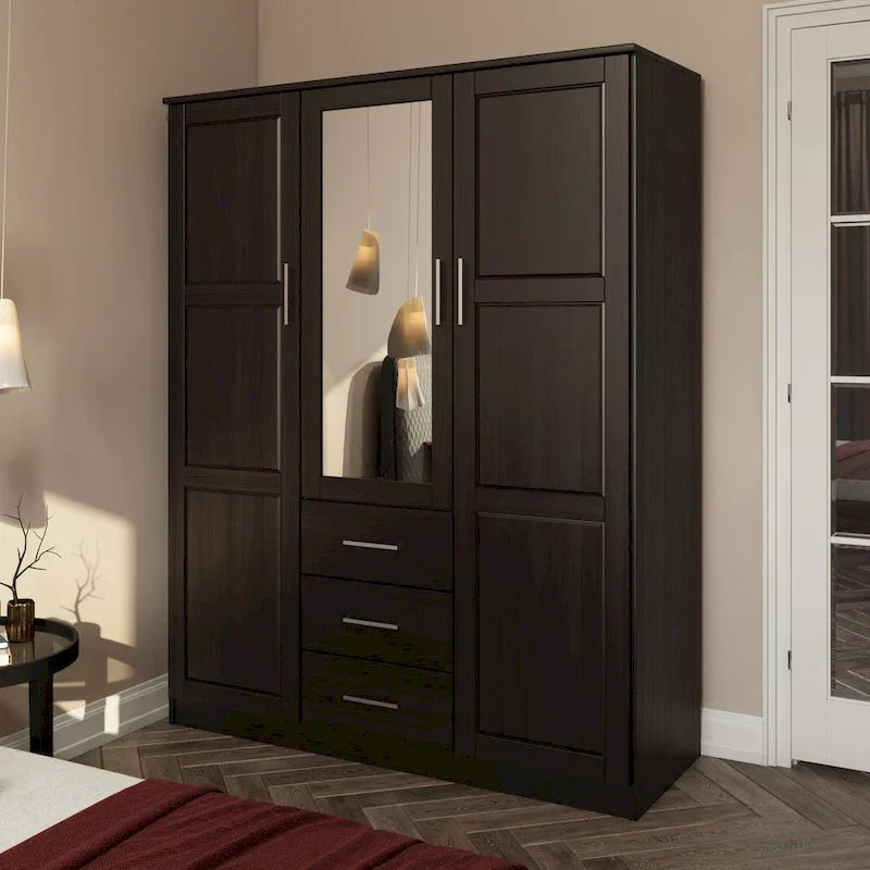 3-Door Solid Pine Wood Wardrobe Armoire, 72"H x 56"W, Mirrored or Panel Door, 3 Clothing Rods