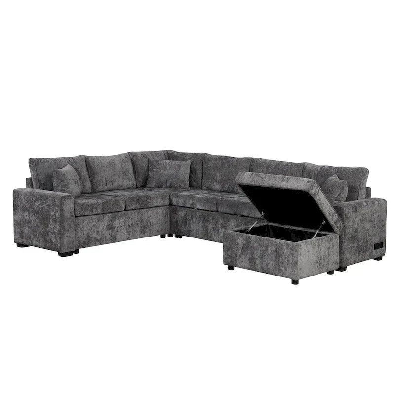 Chenille Sectional Sofa Pull-out Sofa Bed, L-Shape Sleeper Sofa with Storage Ottoman, 3 Pillows and Charging Devices