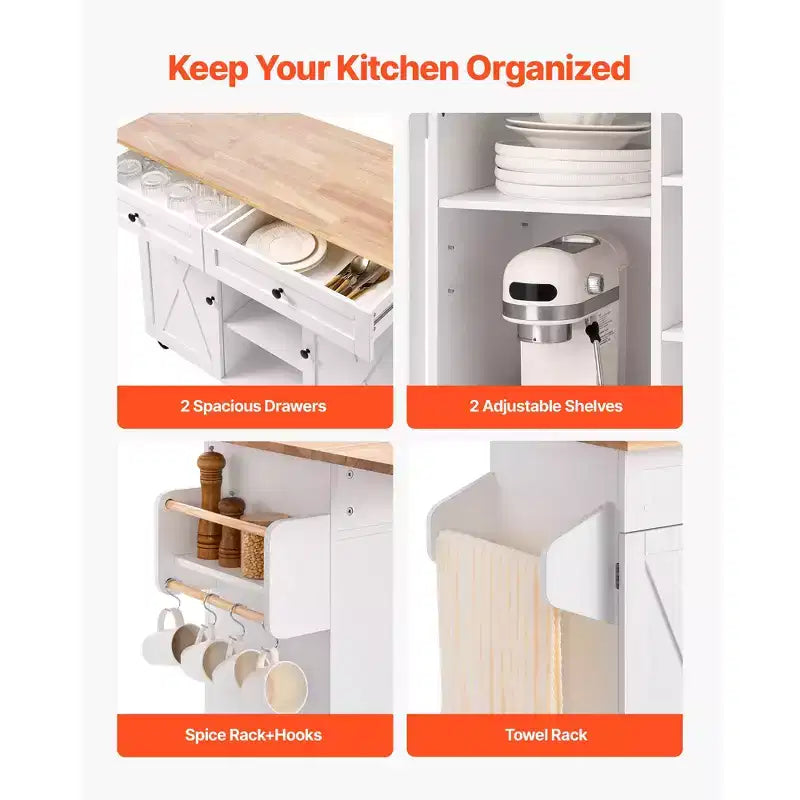 52-Inch Kitchen Island Cart with Solid Wood Top, Storage Cabinet & Drop Leaf