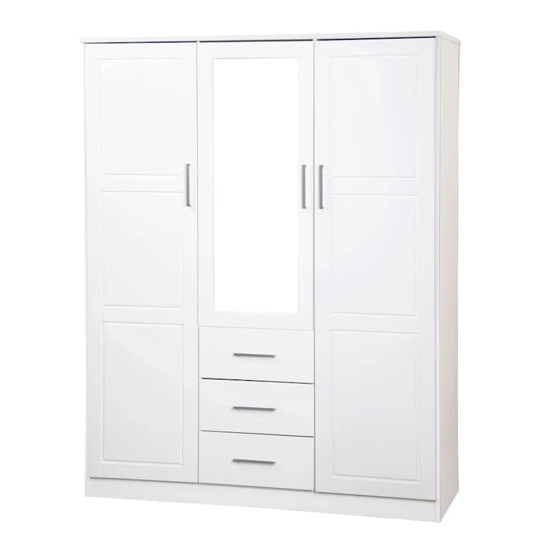 3-Door Solid Pine Wood Wardrobe Armoire, 72"H x 56"W, Mirrored or Panel Door, 3 Clothing Rods
