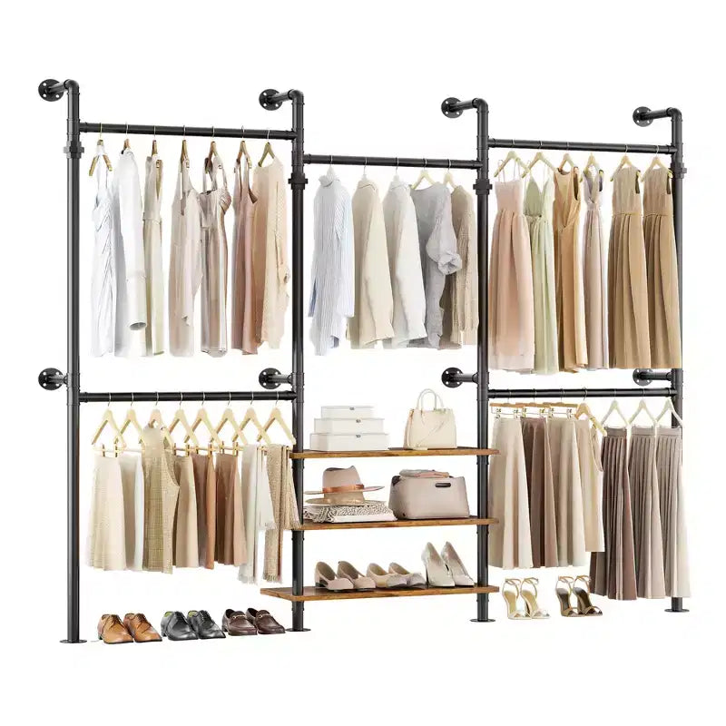 Besiost Industrial Pipe Clothing Rack, 7.3-10.9Ft Wall Mounted Closet System