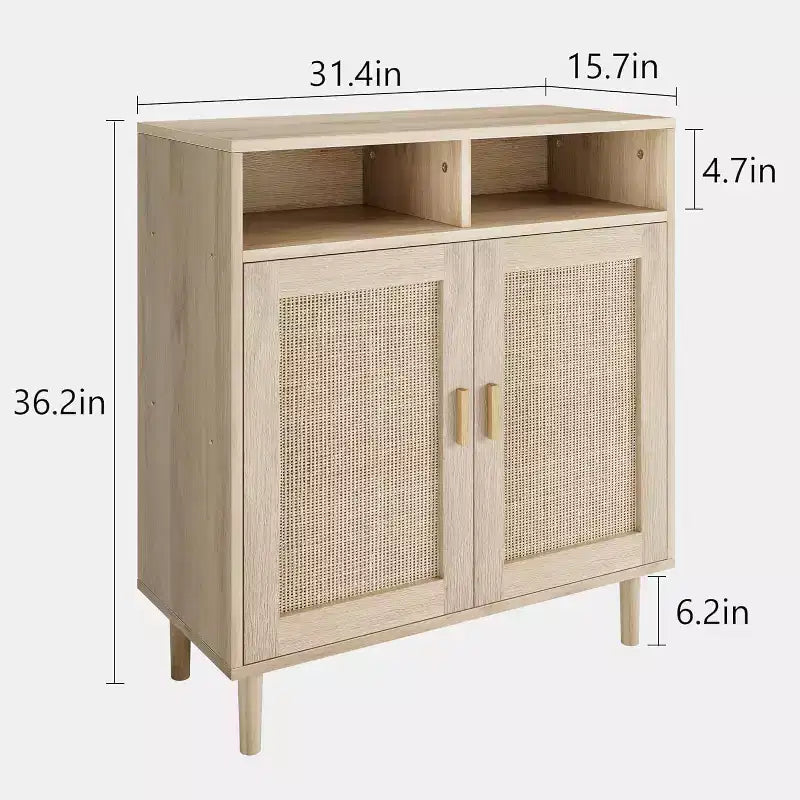 Rattan Sideboard Buffet Cabinets - 2-Door Storage with Shelf, Modern Dining Room, Coffee Bar Furniture, 36H