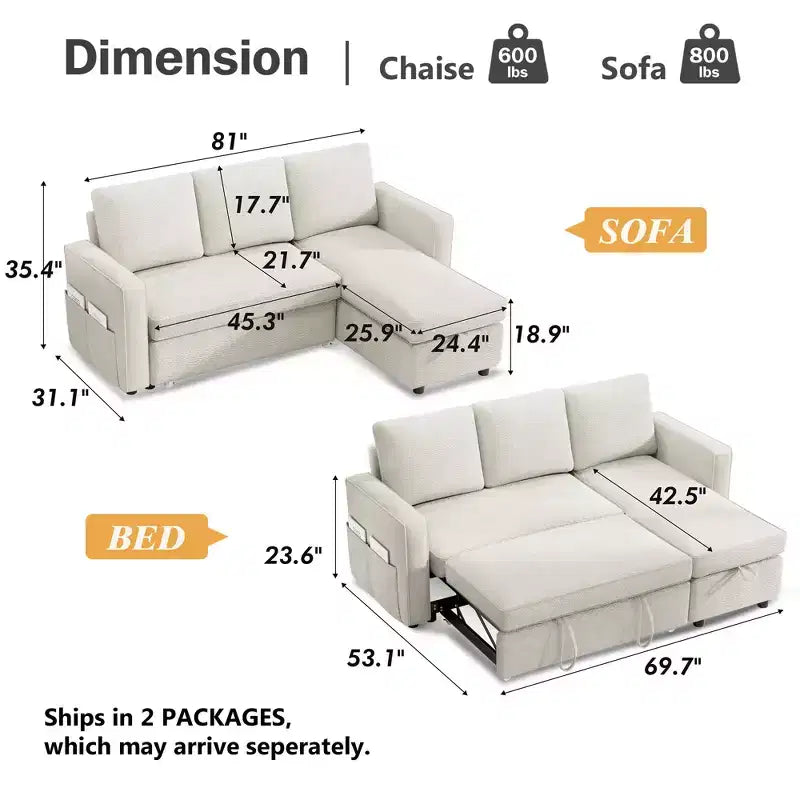 Dyonery 81 Sleeper Sofa Bed, 2 in 1 Pull Out Couch with Reversible Storage Chaise