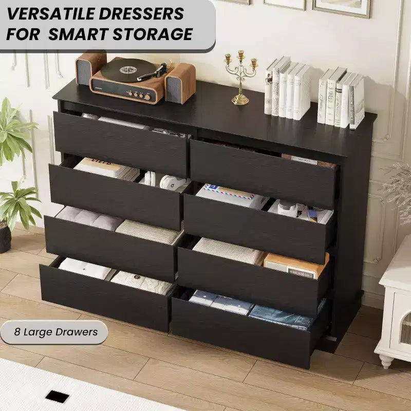 Modern Dresser for Bedroom with 8 Drawers, Wooden Storage Organizer Unit for ClosetWide Chest of Drawers