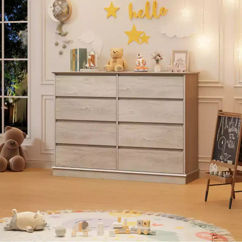 Modern Dresser for Bedroom with 8 Drawers, Wooden Storage Organizer Unit for ClosetWide Chest of Drawers