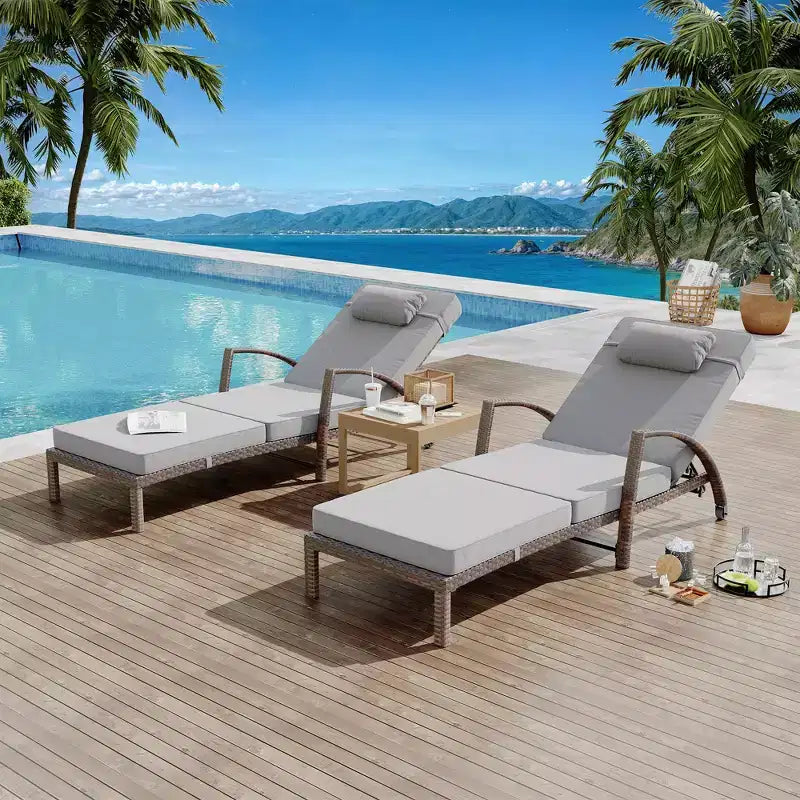 Coolmee Outdoor Chaise Lounge Set of 2 Rattan Patio Folding Chaise Lounge Adjustable 5 Position Back Patio Pool Lounge Chair with Cushion Pillow