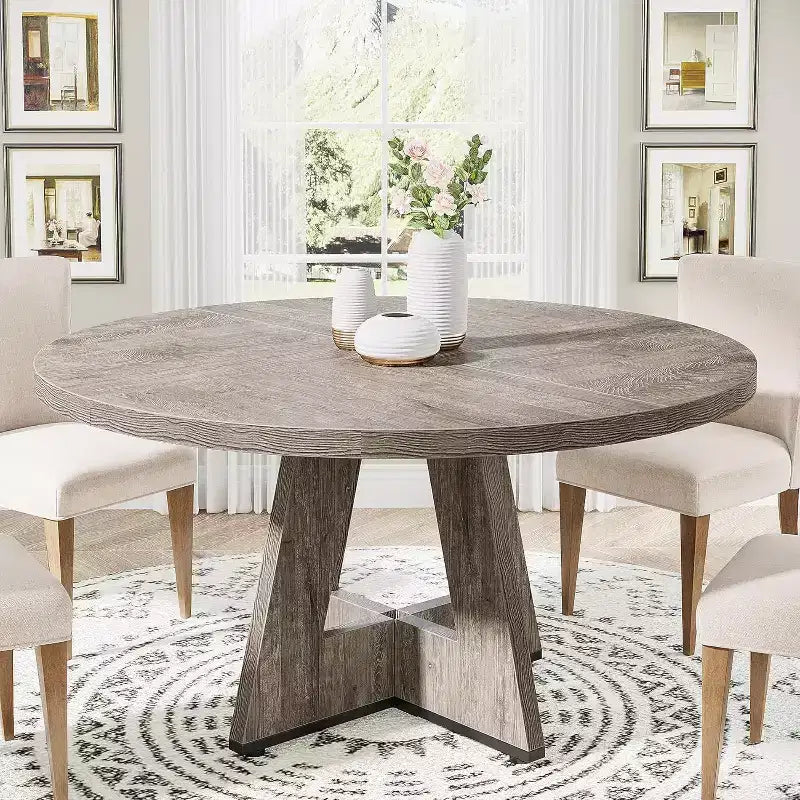 Okak Farmhouse Wood Large Round Dining Table with Cross Base,Wooden Kitchen Dinner Table for Dining Room,Breakfast Nook