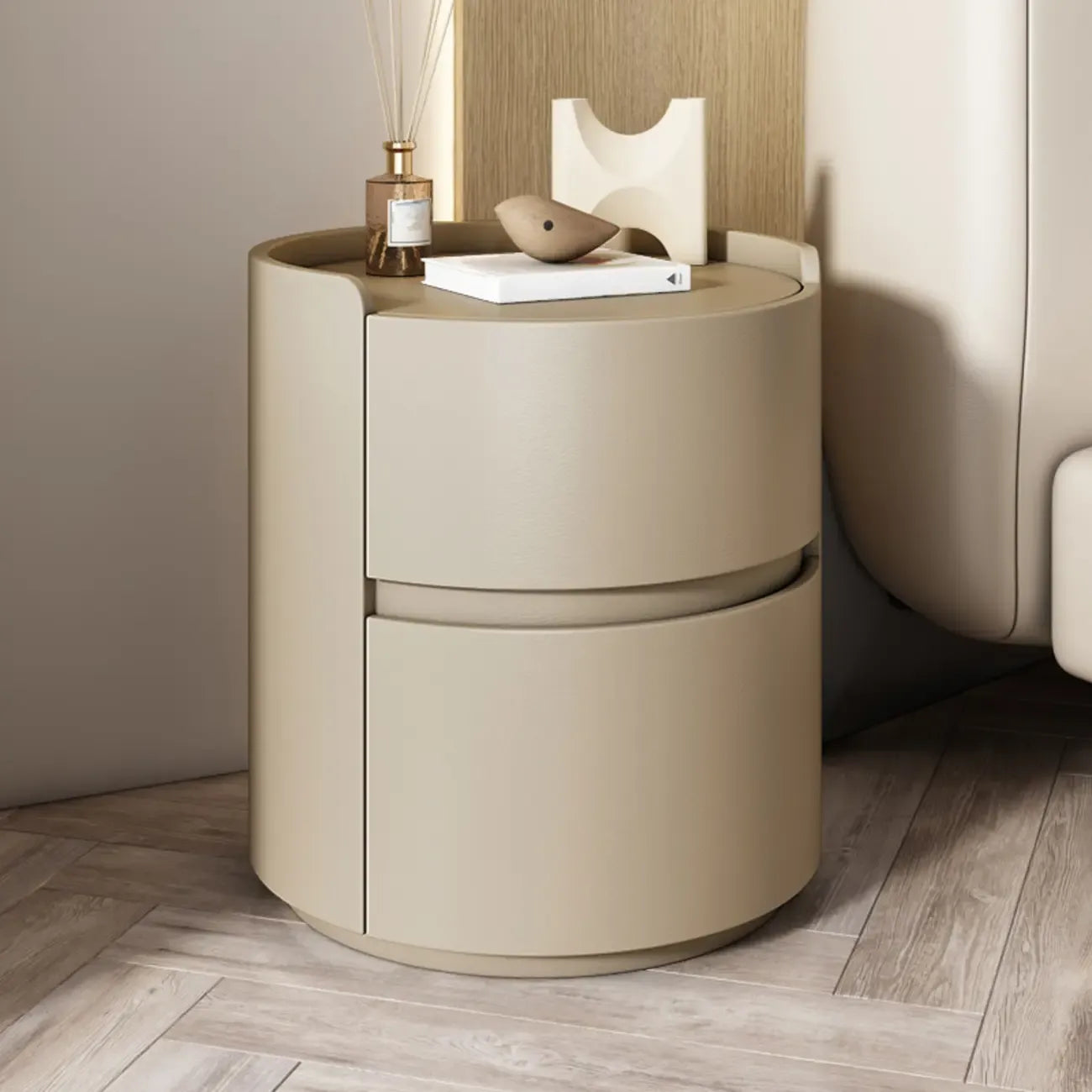 Modern Leather Tray Round 2-Drawer Nightstand