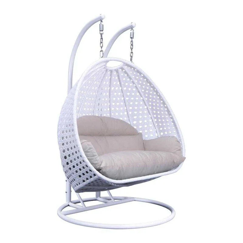 Egg-Shaped Hanging Swing Chair with Metal Stand, Wicker Frame & Cushion ¨C Beige / Charcoal Blue / White / Blue / Antique White / Brown / Canvas, Seats 2