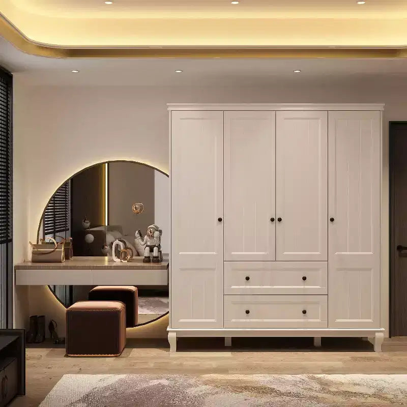 White Freestanding Wood Armoire With Drawers and Hanging Rods
