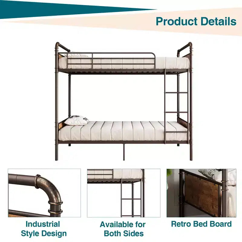Twin Bunk Bed, Heavy Duty Industrial Metal Bunkbeds with Safety Guard Rails, Convertible to Two Beds