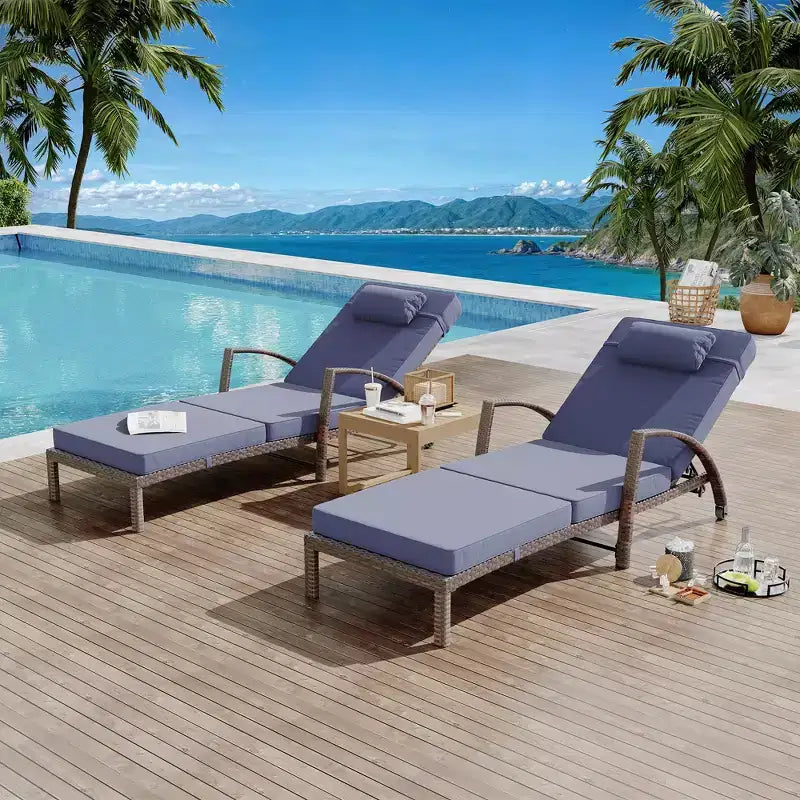 Coolmee Outdoor Chaise Lounge Set of 2 Rattan Patio Folding Chaise Lounge Adjustable 5 Position Back Patio Pool Lounge Chair with Cushion Pillow