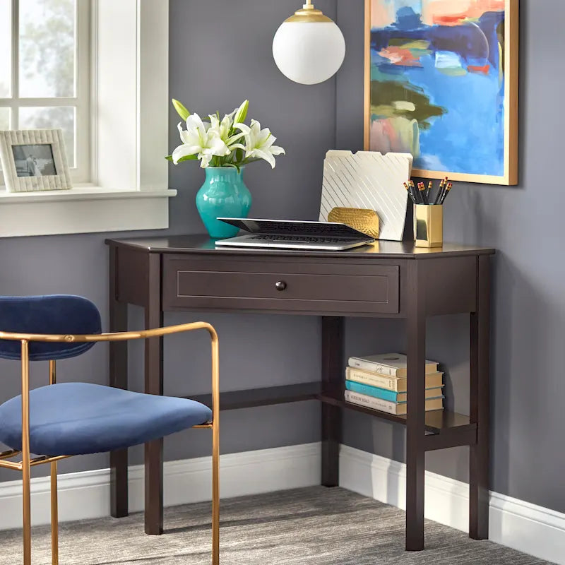 Corner Computer Desk with Drawer & Lower Shelf, Solid Wood & MDF, 42"W x 28"D x 30"H