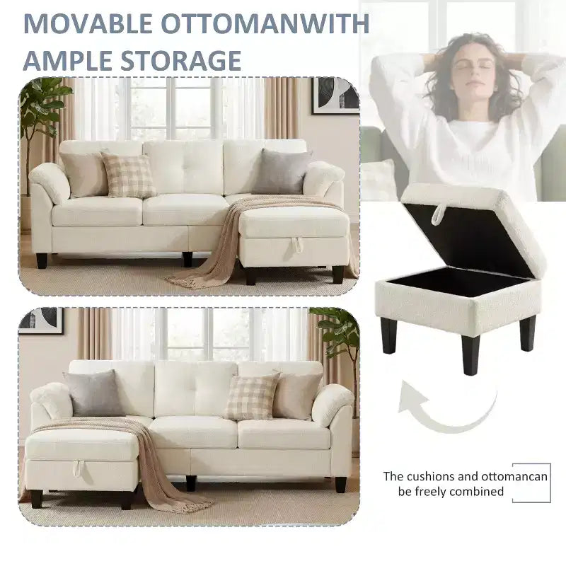 76.4-Inch Modern Three-Seater Sofa with Armrests and Pillows in Chenille Beige