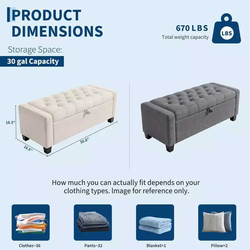 50.8 Storage Ottoman Bench, Tufted Upholstered End of Bed Storage Bench, Flip Top Entryway Bench with Safety Slow-Close Hinge for Living Room
