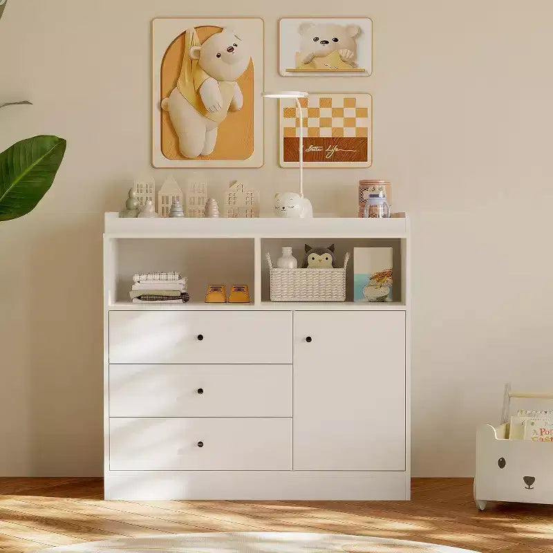 Acekool Baby Dresser with Changing Table, Wooden Nursery Changing Station with Drawers, Cabinet, Open Shelves, for Bedroom or Nursery